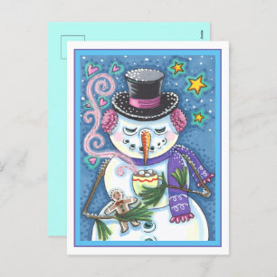 SNOWMAN, GINGERBREAD MAN & MUG OF HOT CHOCOLATE HOLIDAY POSTCARD