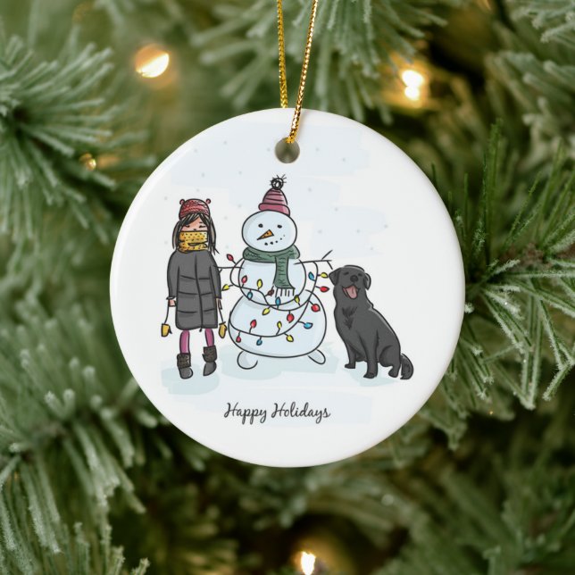 Snowman, Girl and Dog  Ceramic Ornament (Tree)