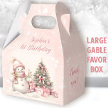 Snowman Girl Pink Christmas 1st Birthday Large Favor Box<br><div class="desc">Cute Christmas 1st or any girl Birthday large gable favour boxes with an adorable snowman and Christmas tree in blush pink with vintage vibes. Easily personalize the text. You can choose from 3 sizes of these gable favour boxes - Kate Eden Art</div>