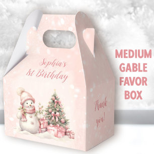 Snowman Girl Pink Christmas 1st Birthday Medium Favor Box
