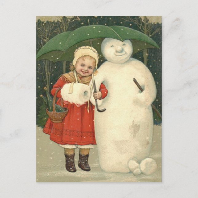 Snowman Girl Umbrella Snowfall Postcard (Front)