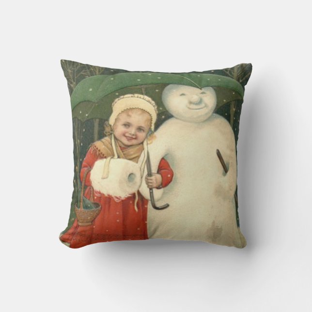 Snowman Girl Umbrella Snowfall Throw Pillow (Front)