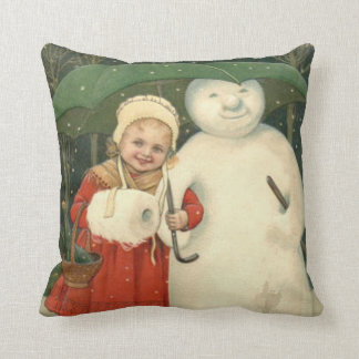 Snowman Girl Umbrella Snowfall Throw Pillow