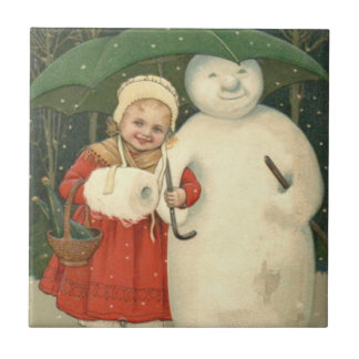 Snowman Girl Umbrella Snowfall Tile