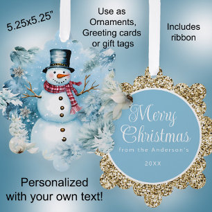 Snowman Gold Merry Christmas Greeting Ornament Card