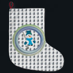 Snowman Golfer Seasonal Swing  Large Christmas Stocking<br><div class="desc">Envision a charming Christmas stocking with a winter scene adorned with a snowman golfer clad in a blue hat and mittens, ready for a round of golf with his 7 iron club and golf balls. A playful background golf ball pattern. It's a fun design for enthusiasts who enjoy golfing throughout...</div>