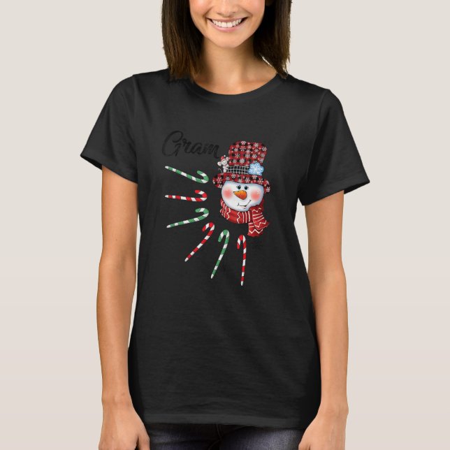 Snowman Gram Candy Cane Red Plaid Christmas T-Shirt (Front)