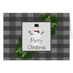 Snowman Gray Buffalo Plaid Greeting Card