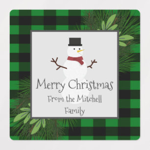 Snowman Green Buffalo Plaid Baking Étiquettes
