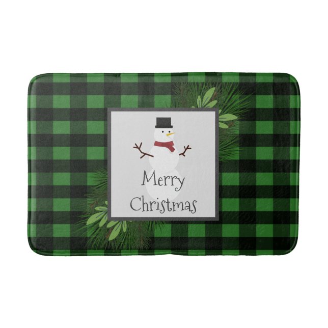 Snowman Green Buffalo Plaid Bath Mat (Front)