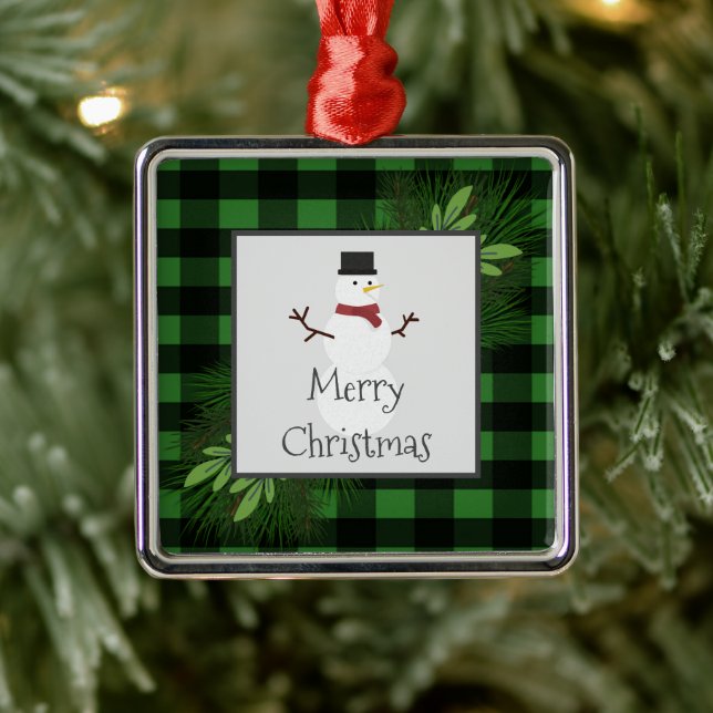 Snowman Green Buffalo Plaid Ceramic Ornament (Tree)