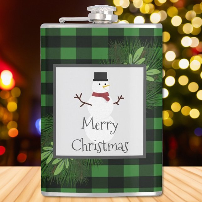 Snowman Green Buffalo Plaid Flask (Green Snowman Buffalo Plaid Flask)