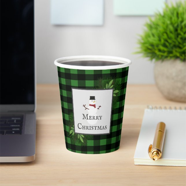 Snowman Green Buffalo Plaid Paper Cup (Insitu)