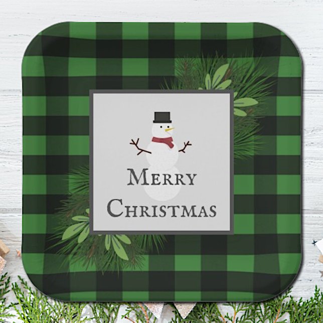 Snowman Green Buffalo Plaid Paper Plate (Green Snowman Buffalo Plaid Christmas Paper Plates)