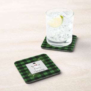 Snowman Green Buffalo Plaid Plastic Coaster