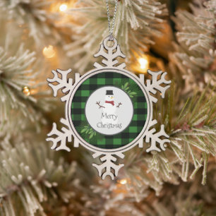 Snowman Green Buffalo Plaid Snowflake Ornament