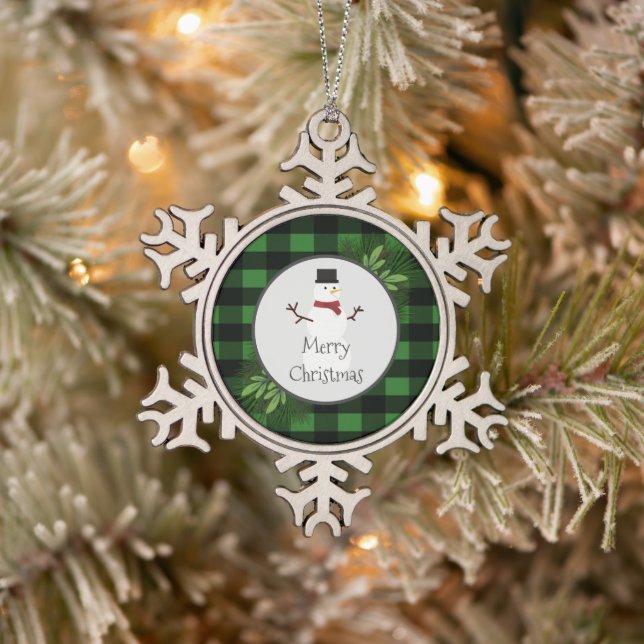 Snowman Green Buffalo Plaid Snowflake Ornament (Tree)
