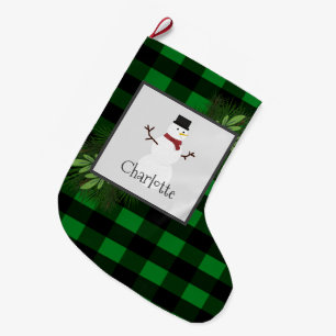 Snowman Green Buffalo Plaid Stocking