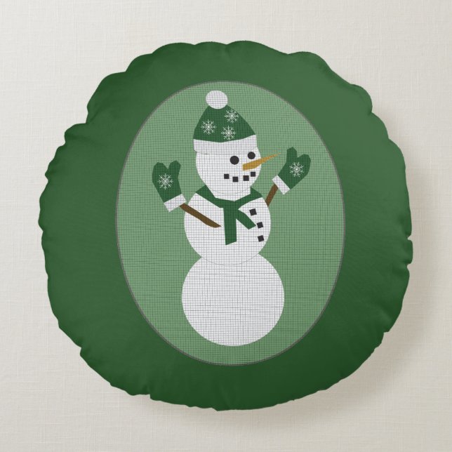 Snowman Green Christmas Round Pillow (Front)