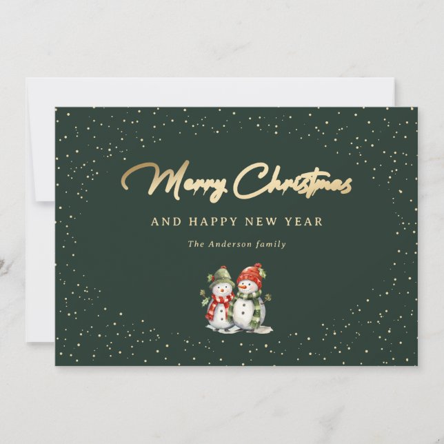 Snowman Green Gold Snow Typography Holiday Card (Front)
