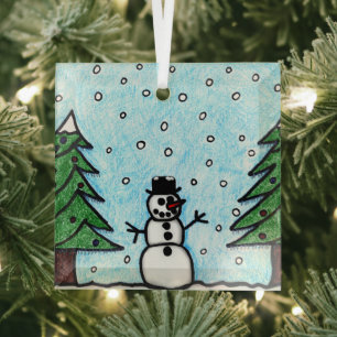 Snowman Greetings Glass Ornament