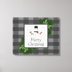 Snowman Grey Buffalo Plaid Canvas Print