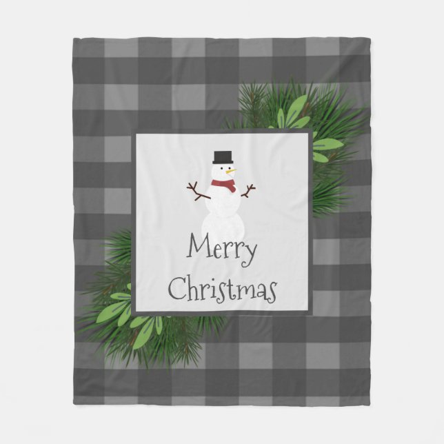 Snowman Grey Buffalo Plaid Fleece Blanket (Front)