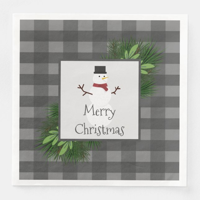 Snowman Grey Buffalo Plaid Paper Napkin (Front)