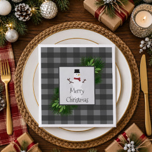 Snowman Grey Buffalo Plaid Paper Napkin