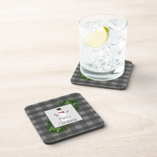Snowman Grey Buffalo Plaid Plastic Coaster