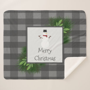 Snowman Grey Buffalo Plaid Sherpa Blanket