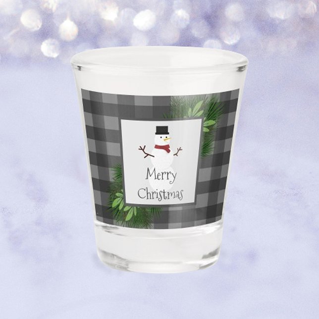 Snowman Grey Buffalo Plaid Shot glass (Gray Snowman Buffalo Plaid Shot Glass)