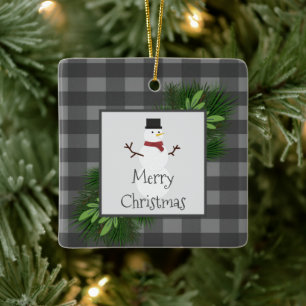 Snowman Gris Buffalo Plaid en céramique ornement