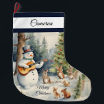 Snowman Guitar Custom Large Christmas Stocking<br><div class="desc">Bring holiday cheer to your home with our Snowman Guitar Large Christmas Stocking! Ideal for gifts and goodies, it’s a delightful addition to your festivities. Customize with that special name and year for a wonderful keepsake! Exclusive designs created just for you from My Baby Boutique!</div>