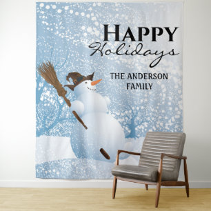 Snowman happy holidays family greeting backdrop tapestry