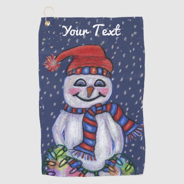 Snowman Hat Scarf Holding String Christmas Lights Golf Towel (Front)