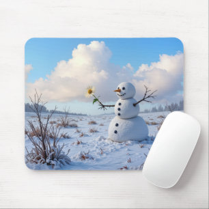 Snowman Holding a White Daisy Mouse Pad