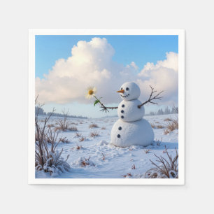Snowman Holding a White Daisy Napkin