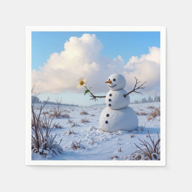Snowman Holding a White Daisy Napkin (Front)