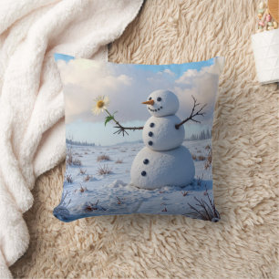 Snowman Holding a White Daisy Throw Pillow