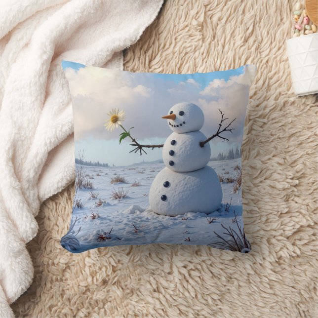 Snowman Holding a White Daisy Throw Pillow (Blanket)