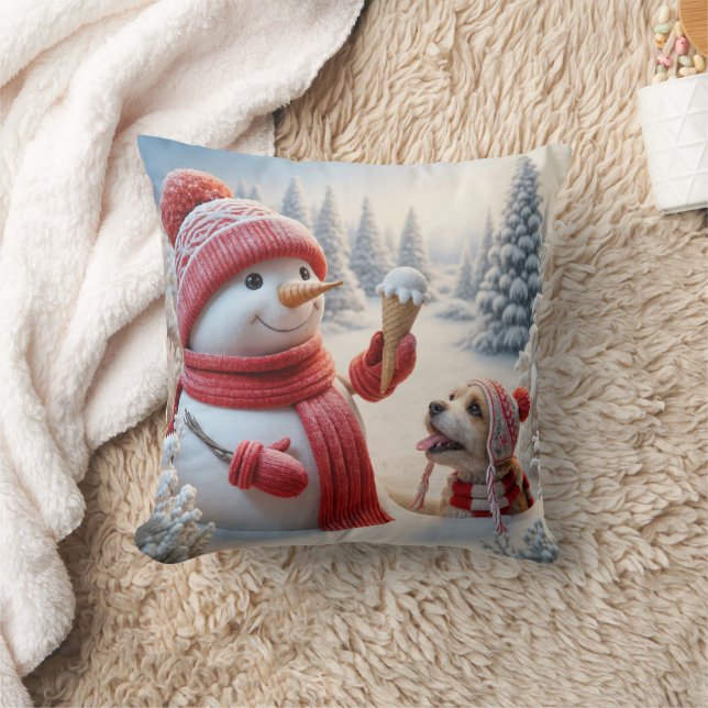Snowman Holding An Ice Cream Cone With Dog Throw Pillow (Blanket)