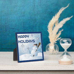 Snowman holding broom winter happy holidays wishes plaque