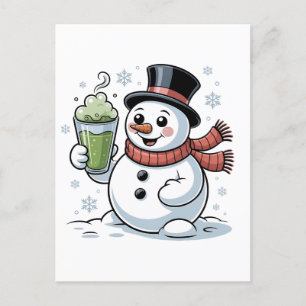 Snowman Holding Matcha Drink Christmas  Invitation Postcard