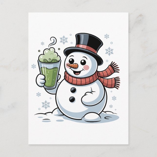 Snowman Holding Matcha Drink Christmas  Invitation Postcard (Front)