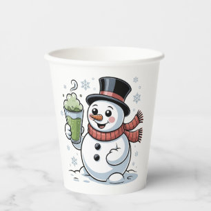 Snowman Holding Matcha Drink Christmas  Paper Cups