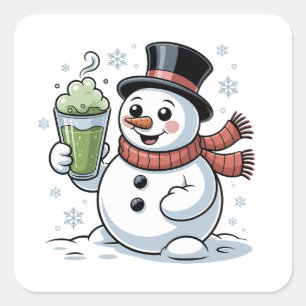 Snowman Holding Matcha Drink Christmas Square Sticker