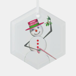 Snowman Holding Mistletoe Glass Ornament