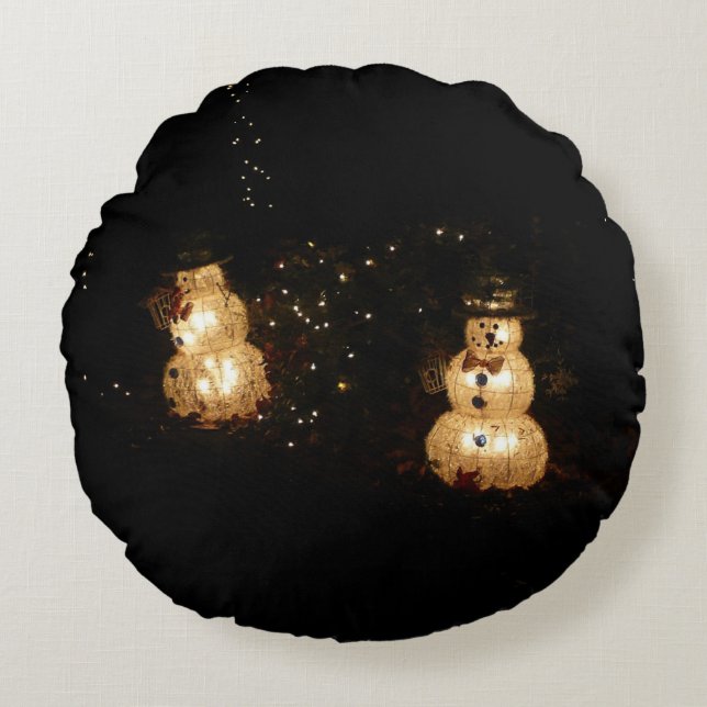 Snowman Holiday Light Display Round Pillow (Front)