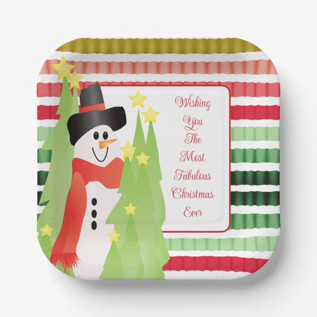 Snowman Holiday Themed Designer Square Paper Plate (Front)